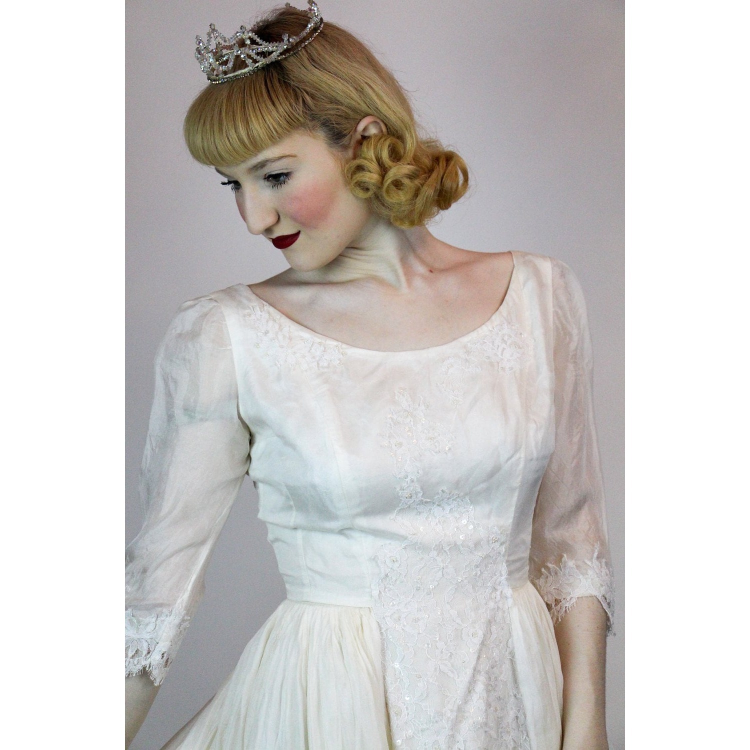 Vintage 1950s Georgette Silk Lace Wedding Dress, Size S